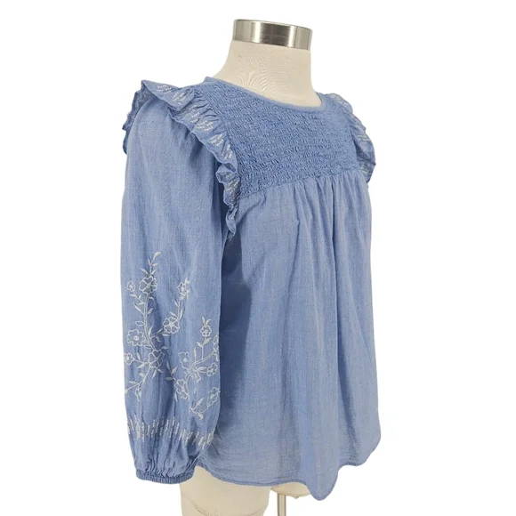 Ann Taylor LOFT Shirt Blue Floral Embroidered Ruffle Long Sleeve Smocked Medium - Picture 3 of 9